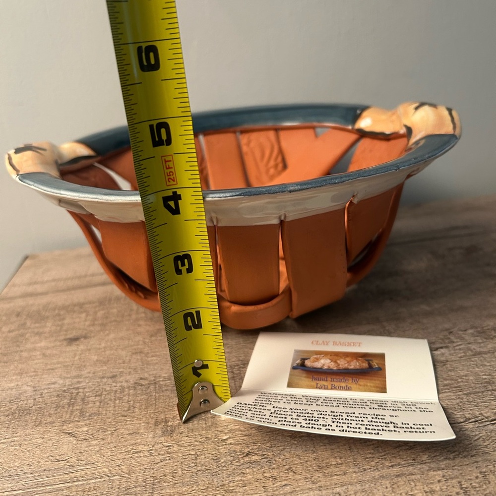 Handcrafted Clay Basket bread warmer with Blue and Orange Accents - Picture 6 of 9